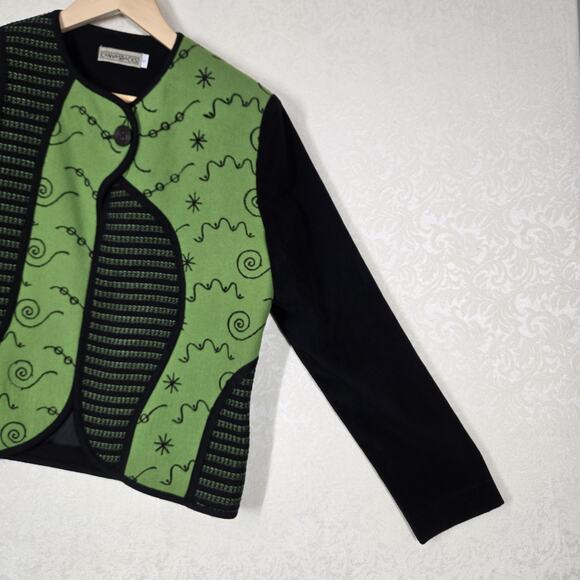 VTG Wool Blend Canvasbacks Jacket S Green Black Mixed Print Art To Wear Boho - Picture 6 of 13
